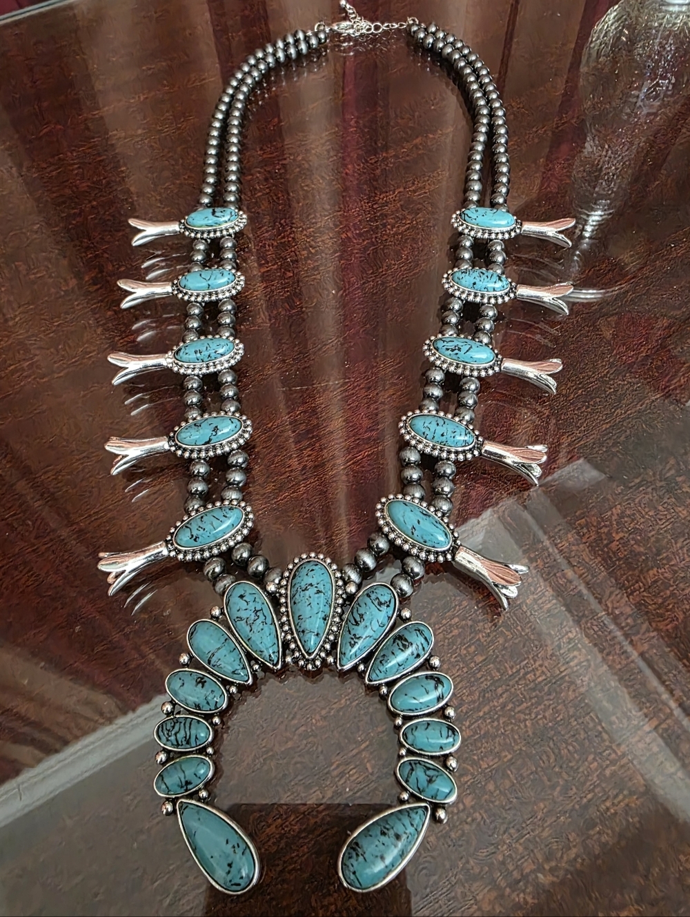 New Western Faux Turquoise Navajo-Inspired Squash Blossom Necklace